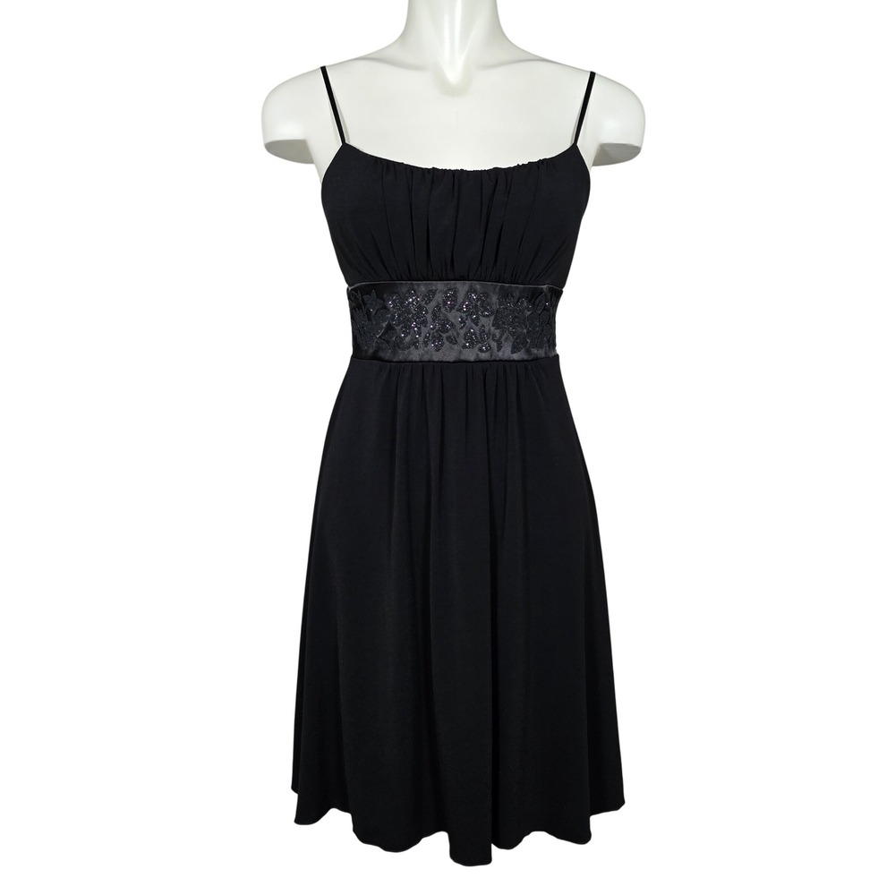 Trixxi Women's Black Beaded Embellished Empire Waist Spaghetti Straps Dress L